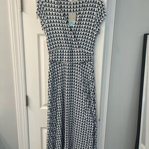 Boden midi dress, size 12, navy blue, light blue and white. Cap sleeve, pockets